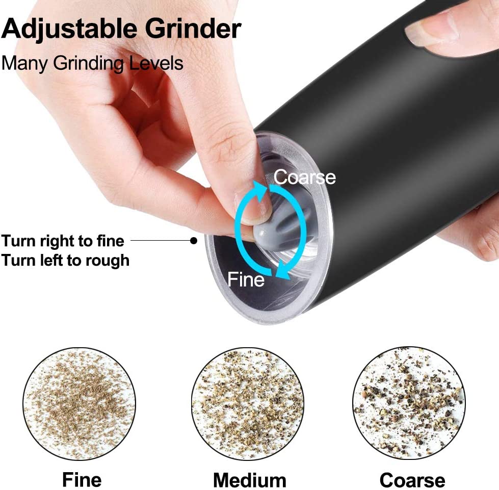 2 Pcs Gravity Electric Pepper Grinder, Salt or Pepper Mill & Adjustable Coarseness, Battery Powered with LED Light, One Hand Automatic Operation