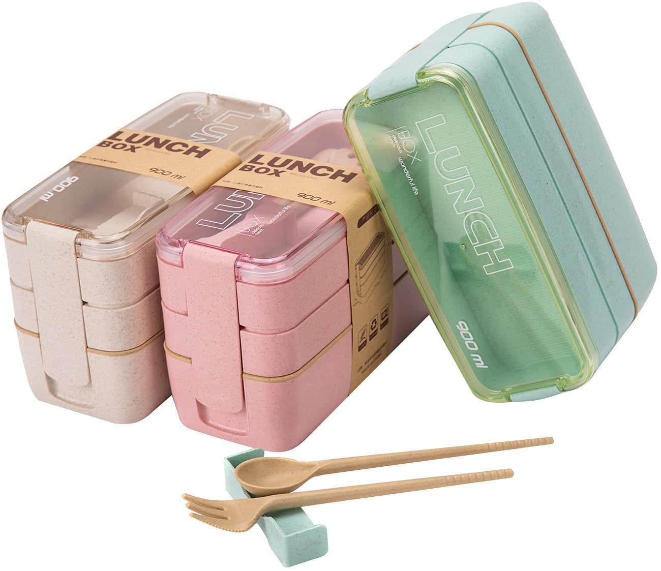 Bento Box For Adults Kids, 3-in-1 Meal Prep Container, 900ml Janpanese Lunch  Box With Compartment, Wheat Straw, Leak-proof, Spoon & Fork, Bpa-free (gr